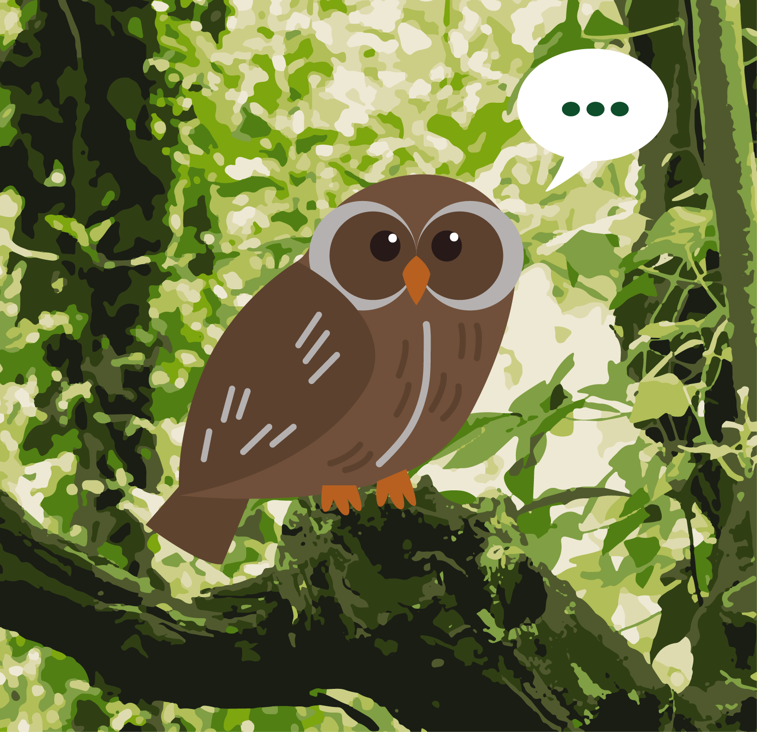 Cartoon owl sitting on a branch with a cartoon speech bubble containing '...'