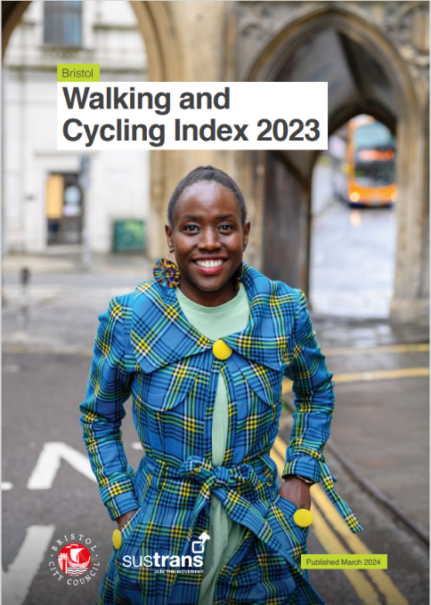 Photo of the Walking and Cycling Index Report with a woman smiling in Bristol city centre on the front cover.