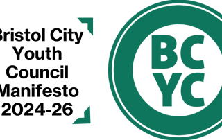 Text saying: Bristol City Youth Council Manifesto 2024-2026 with the Bristol City Youth Council logo: green BCYC letters in a green circle